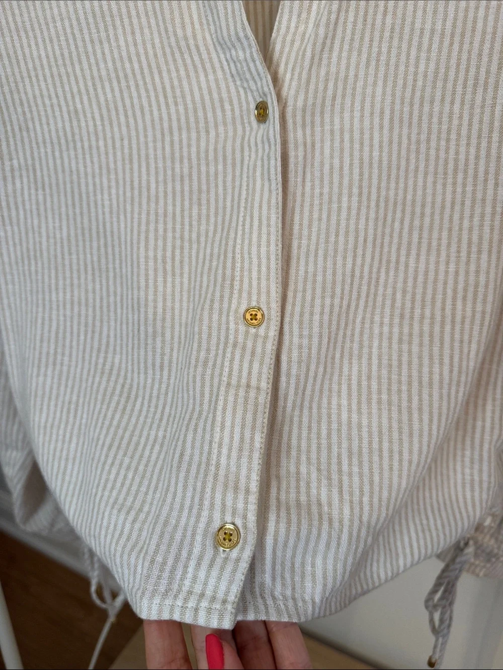 Linen Blend Tan/Cream Striped Button-Front Women's Shirt with Gold accents